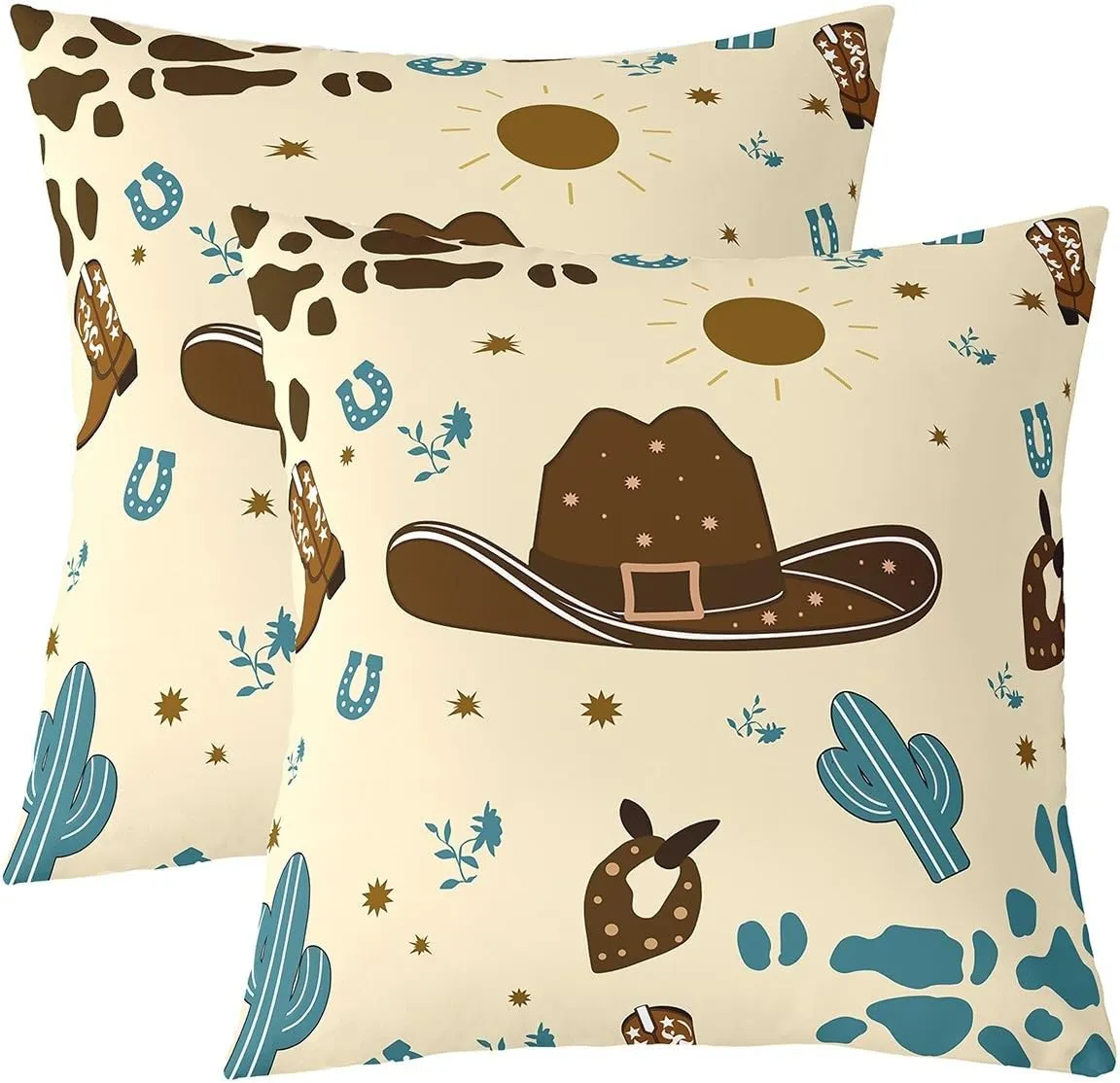 Cartoon Cowboy Hat Pillow Covers Cute Blue Cactus Wild Plants Cushion Covers for Kids Teens Adults Retro Horseshoe Cowhide Print Graffiti Western Style Pillow Cases for Bed 22x22 Inch Set of 2