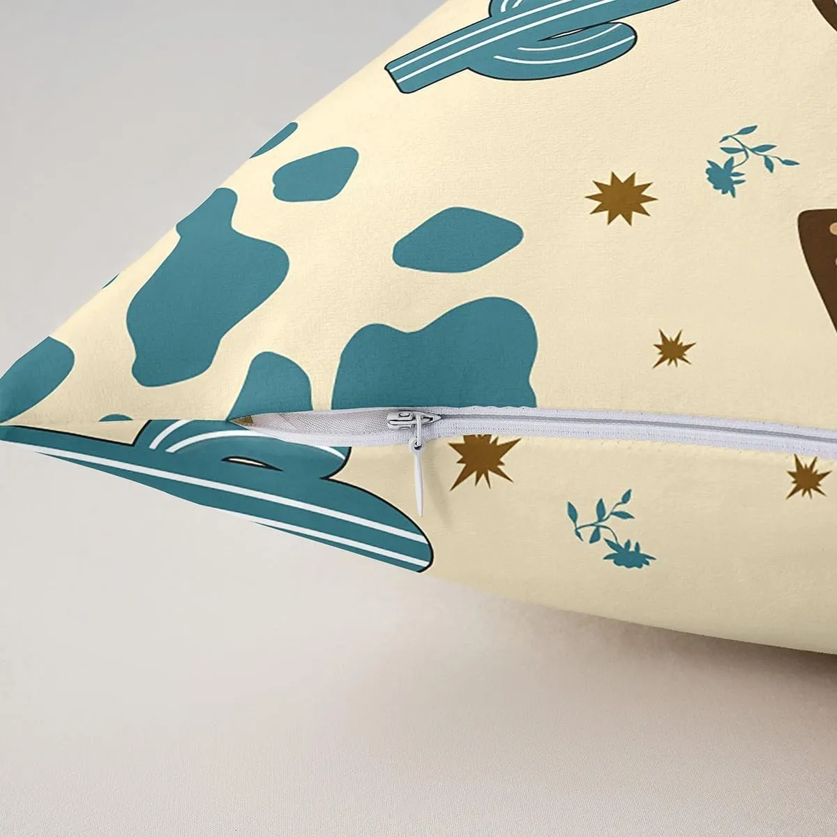 Cartoon Cowboy Hat Pillow Covers Cute Blue Cactus Wild Plants Cushion Covers for Kids Teens Adults Retro Horseshoe Cowhide Print Graffiti Western Style Pillow Cases for Bed 22x22 Inch Set of 2