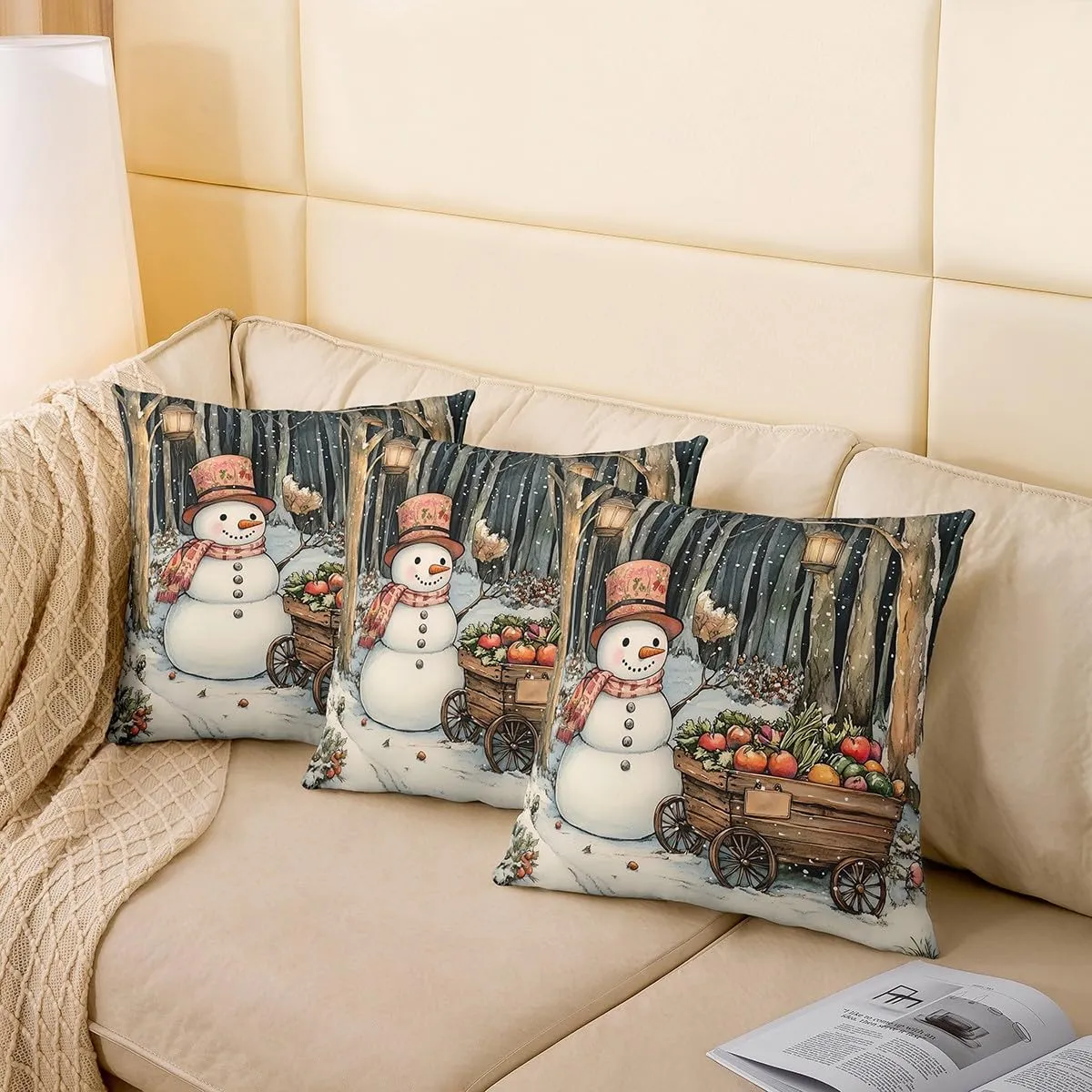Cartoon Snowman Pillow Covers 18x18 Inch Set of 2 Watercolor Farm Vegetables Rustic Style Cushion Cases for Kids Teens Adults Winter Jungle Trees Christmas Cushion Covers for Living Room Couch