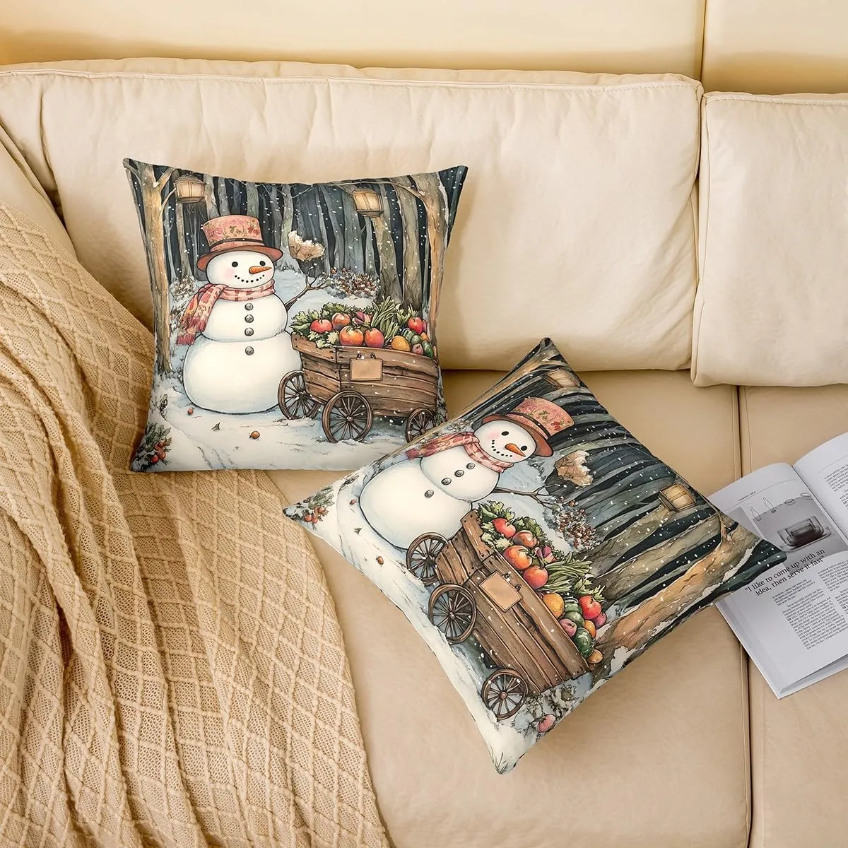 Cartoon Snowman Pillow Covers 18x18 Inch Set of 2 Watercolor Farm Vegetables Rustic Style Cushion Cases for Kids Teens Adults Winter Jungle Trees Christmas Cushion Covers for Living Room Couch