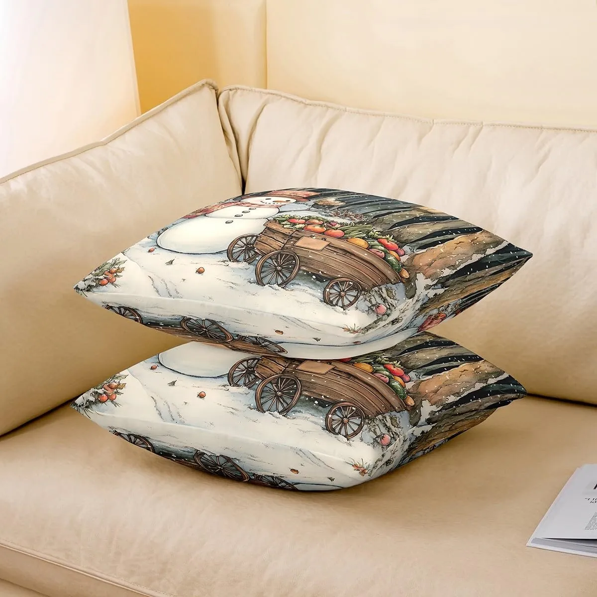 Cartoon Snowman Pillow Covers 18x18 Inch Set of 2 Watercolor Farm Vegetables Rustic Style Cushion Cases for Kids Teens Adults Winter Jungle Trees Christmas Cushion Covers for Living Room Couch
