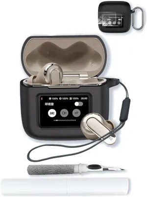 Case for JBL Tour PRO 3 True Wireless Earbuds with 2 Pack Screen Protector,Soft Protective,Shockproof, BOVUGAC Silicone Case Cover with Keychain & Cleaning Kit & Lanyard-Black