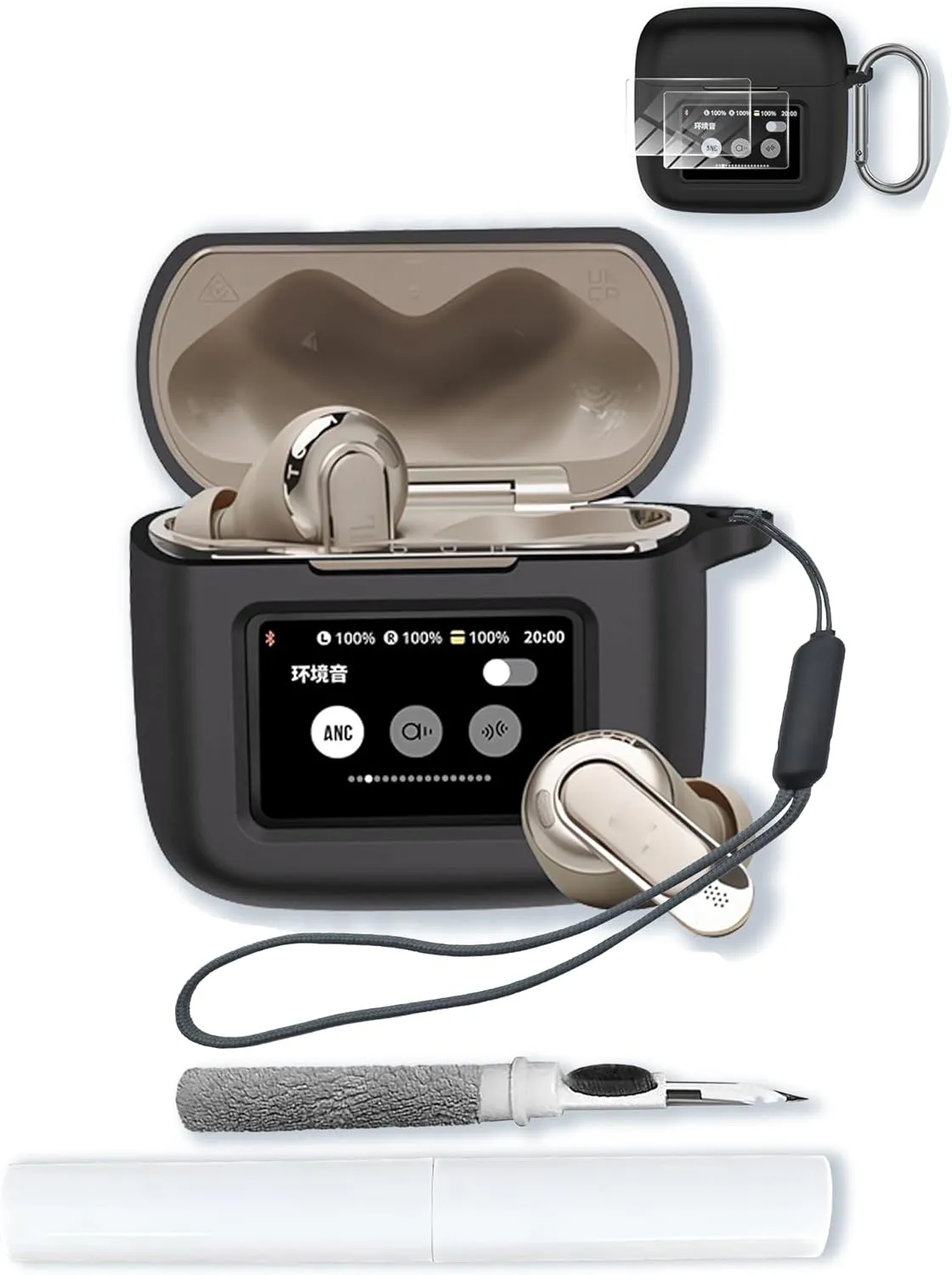 Case for JBL Tour PRO 3 True Wireless Earbuds with 2 Pack Screen Protector,Soft Protective,Shockproof, BOVUGAC Silicone Case Cover with Keychain & Cleaning Kit & Lanyard-Black