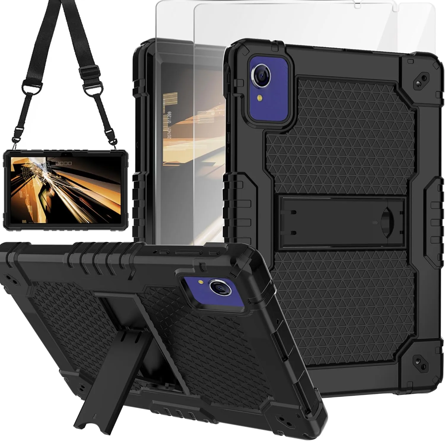 Case for Pritom Tab 10 Lite Tablet/TECLAST P26T/TECLAST P25T/Wetap M10 10.1 inch Tablet Shockproof Firendly Case Built in Kickstand Shoulder Strap with Screen Protector (Black/Black/2 PCS)