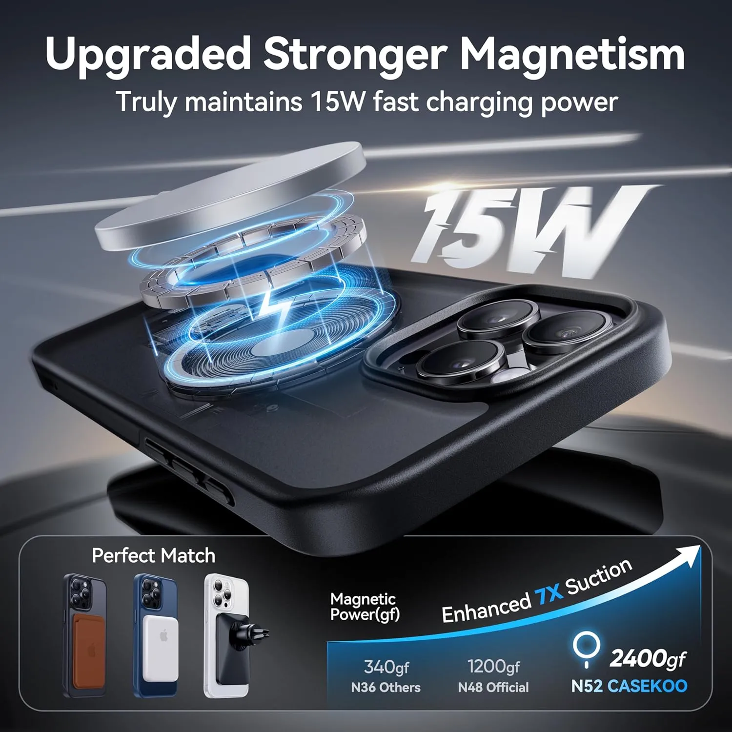 CASEKOO Patented 360° Spin Magnetic Stand for iPhone 15 Pro Case [Military Drop Protection] [Non-Slip Edge] [Compatible with MagSafe] Matte Shockproof Slim for iPhone 15 Pro Case 6.1'', Black