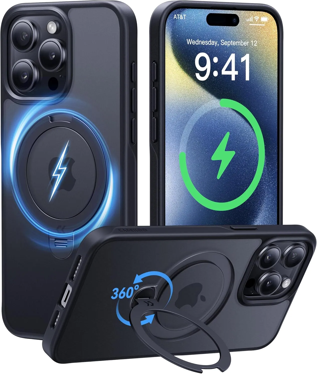 CASEKOO Patented 360° Spin Magnetic Stand for iPhone 15 Pro Case [Military Drop Protection] [Non-Slip Edge] [Compatible with MagSafe] Matte Shockproof Slim for iPhone 15 Pro Case 6.1'', Black