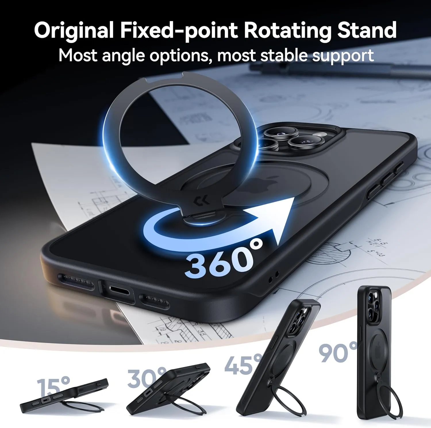 CASEKOO Patented 360° Spin Magnetic Stand for iPhone 15 Pro Case [Military Drop Protection] [Non-Slip Edge] [Compatible with MagSafe] Matte Shockproof Slim for iPhone 15 Pro Case 6.1'', Black