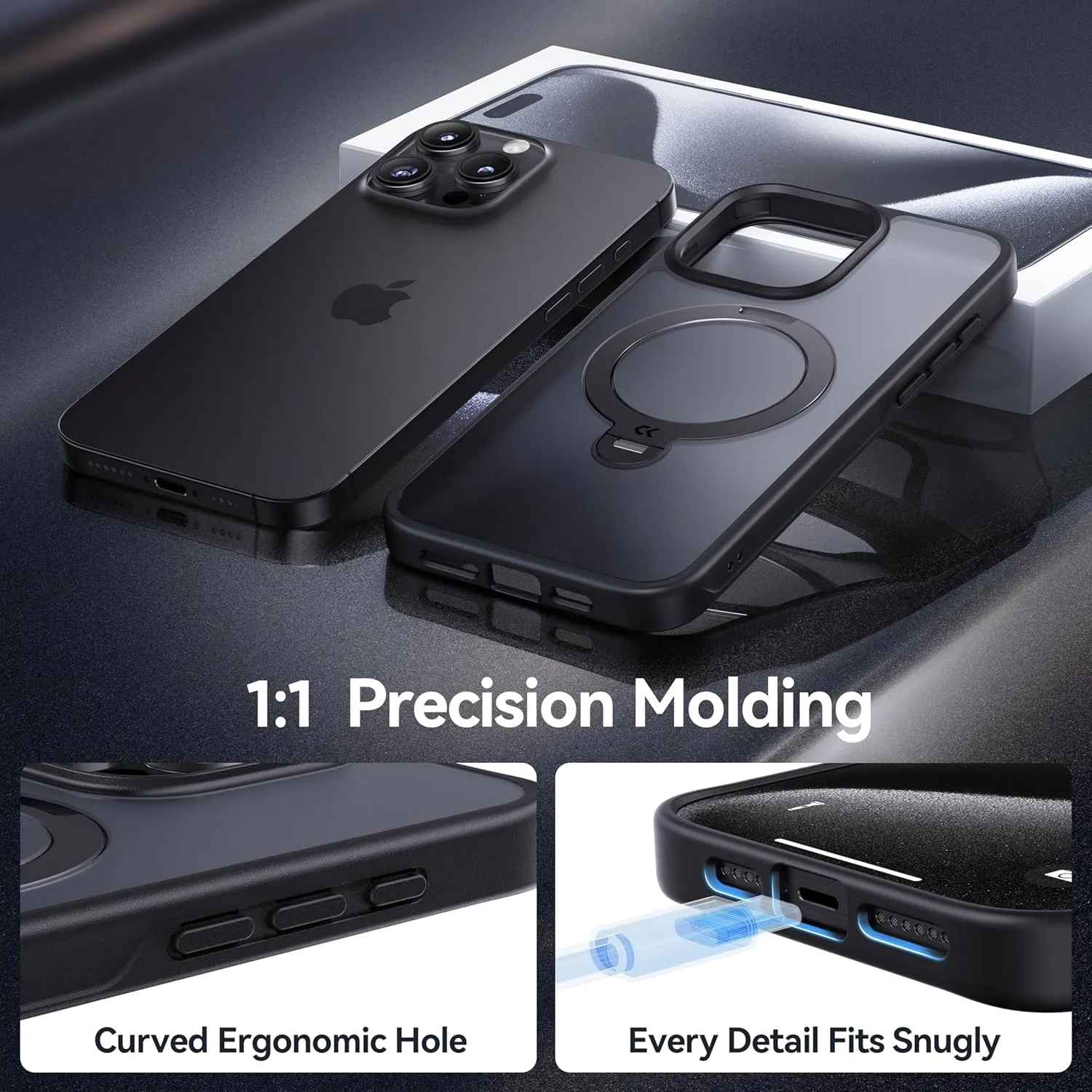 CASEKOO Patented 360° Spin Magnetic Stand for iPhone 15 Pro Case [Military Drop Protection] [Non-Slip Edge] [Compatible with MagSafe] Matte Shockproof Slim for iPhone 15 Pro Case 6.1'', Black