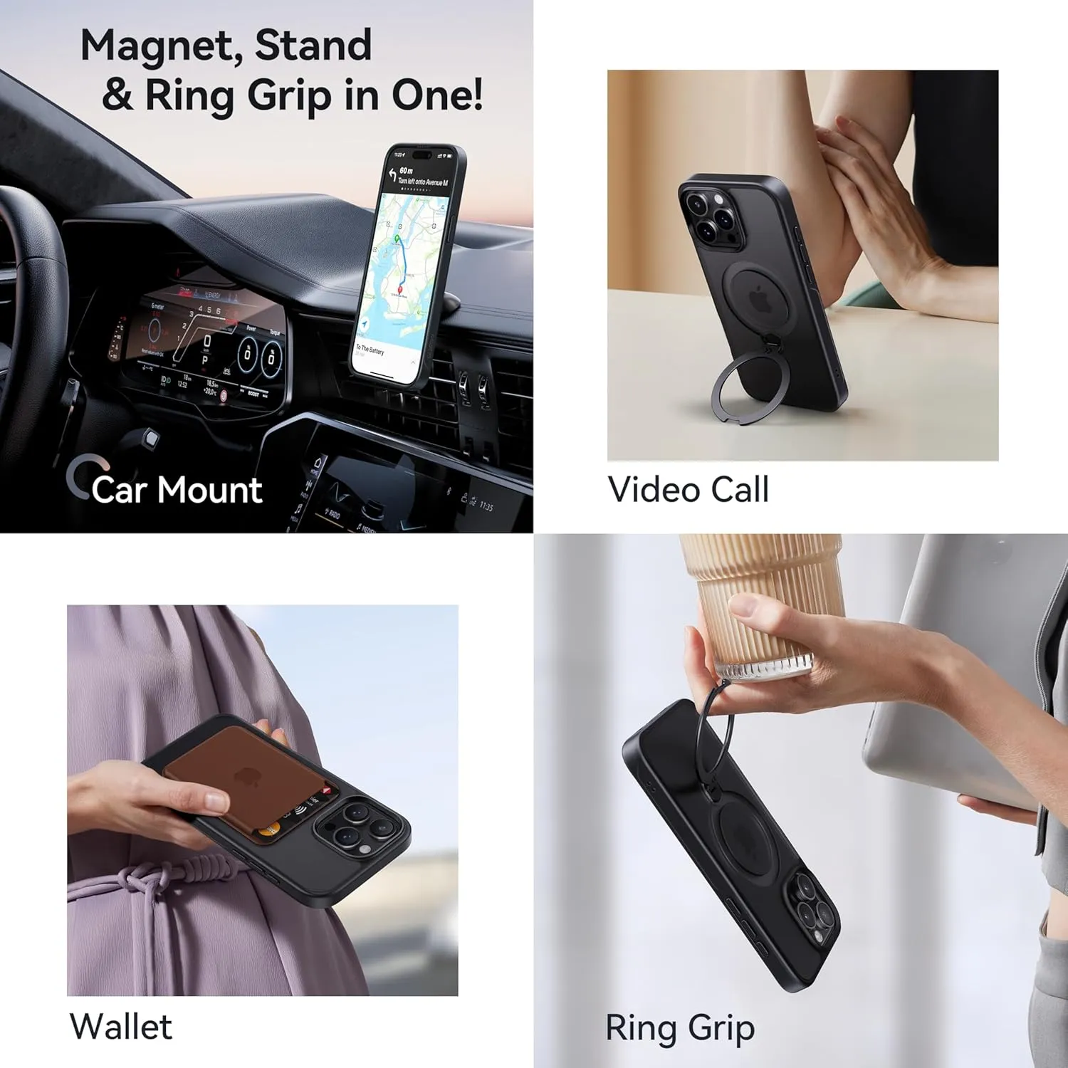 CASEKOO Patented 360° Spin Magnetic Stand for iPhone 15 Pro Case [Military Drop Protection] [Non-Slip Edge] [Compatible with MagSafe] Matte Shockproof Slim for iPhone 15 Pro Case 6.1'', Black