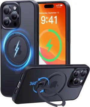 CASEKOO Patented 360° Spin Magnetic Stand for iPhone 15 Pro Case [Military Drop Protection] [Non-Slip Edge] [Compatible with MagSafe] Matte Shockproof Slim for iPhone 15 Pro Case 6.1'', Black