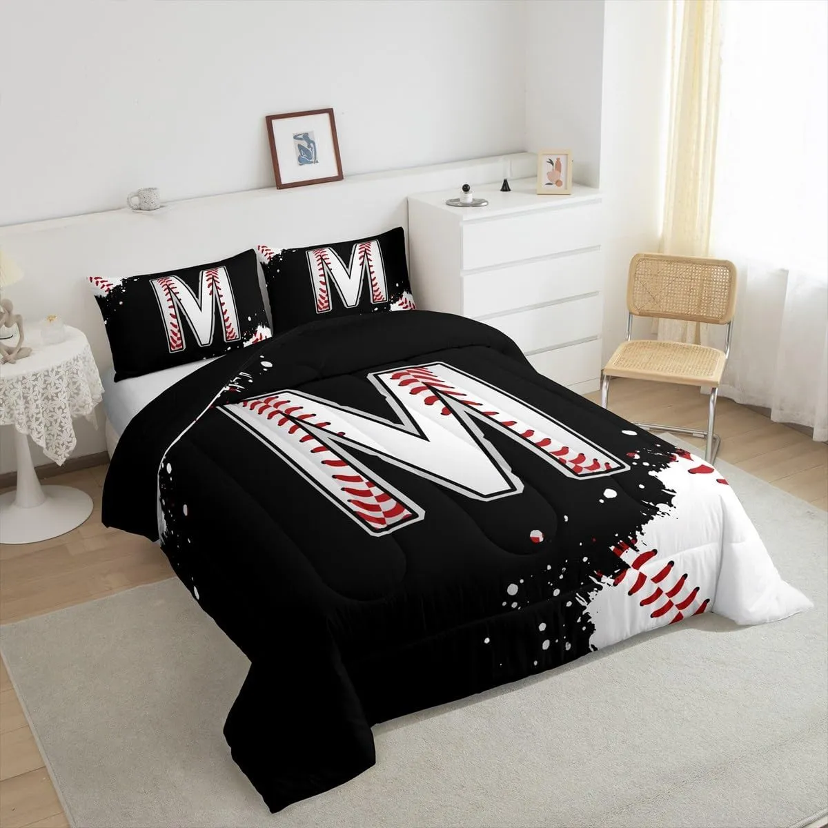 Castle Fairy Baseball Comforter Set with 2 Pillowcases,Initial Letter M Chic Fashion Super Soft Microfiber Bedding Set for Adults Teens,Ball Sports Games Competition Duvet Set for Room Decor,King