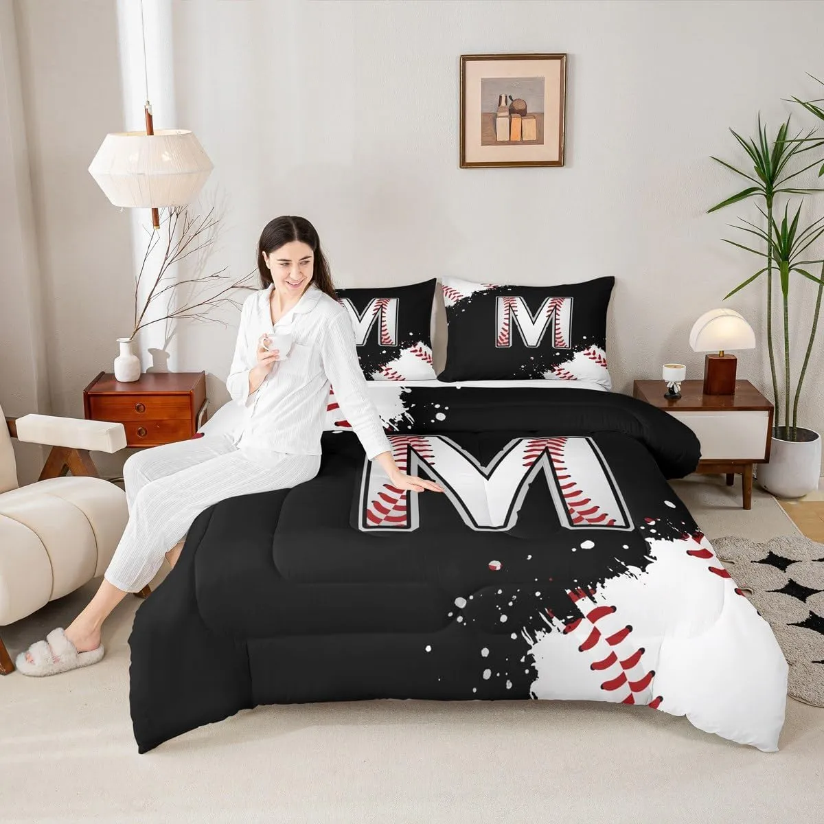 Castle Fairy Baseball Comforter Set with 2 Pillowcases,Initial Letter M Chic Fashion Super Soft Microfiber Bedding Set for Adults Teens,Ball Sports Games Competition Duvet Set for Room Decor,King