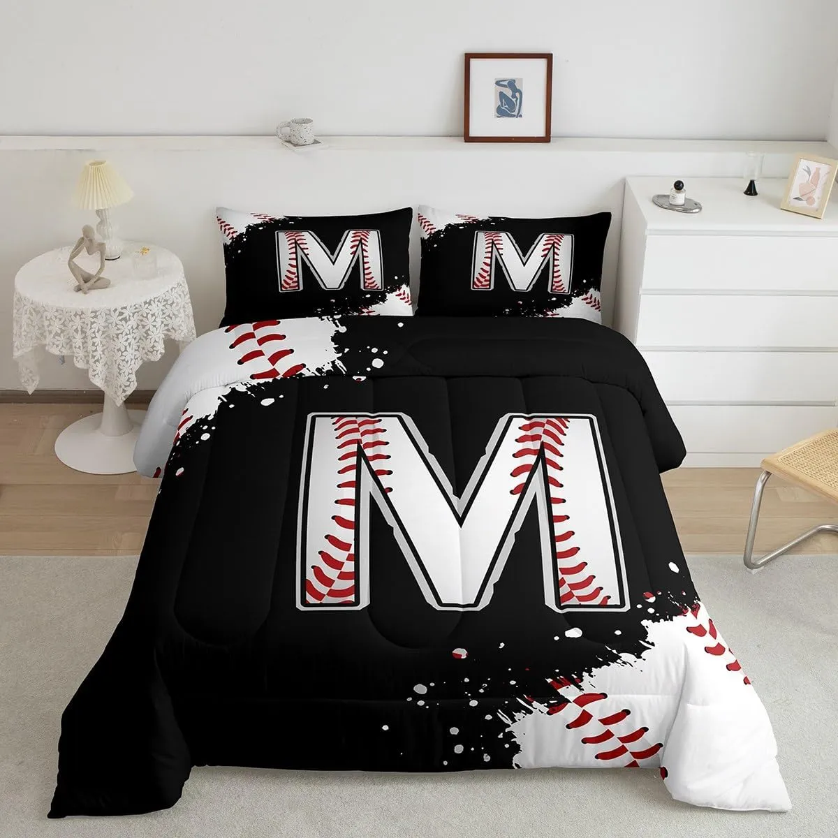 Castle Fairy Baseball Comforter Set with 2 Pillowcases,Initial Letter M Chic Fashion Super Soft Microfiber Bedding Set for Adults Teens,Ball Sports Games Competition Duvet Set for Room Decor,King