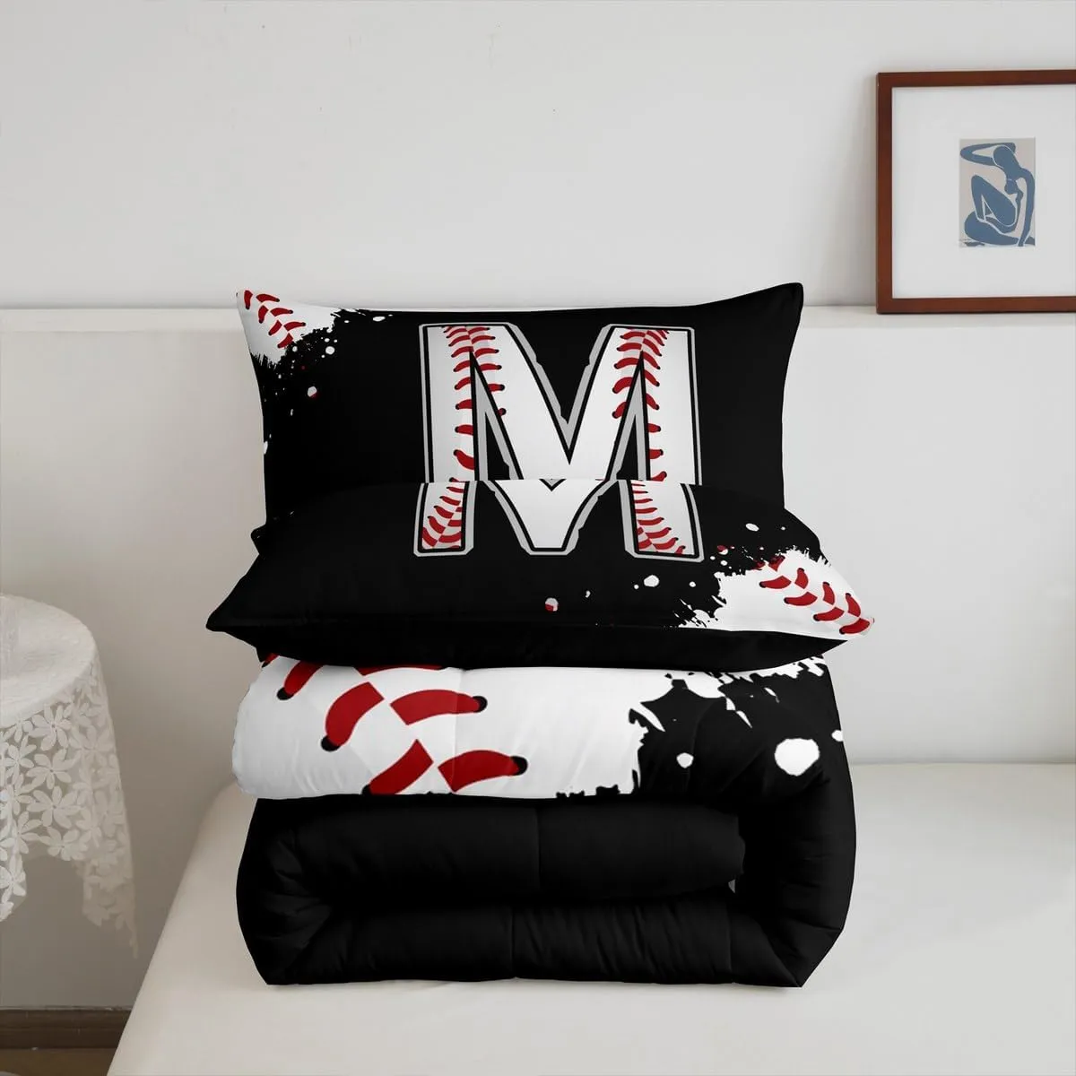 Castle Fairy Baseball Comforter Set with 2 Pillowcases,Initial Letter M Chic Fashion Super Soft Microfiber Bedding Set for Adults Teens,Ball Sports Games Competition Duvet Set for Room Decor,King
