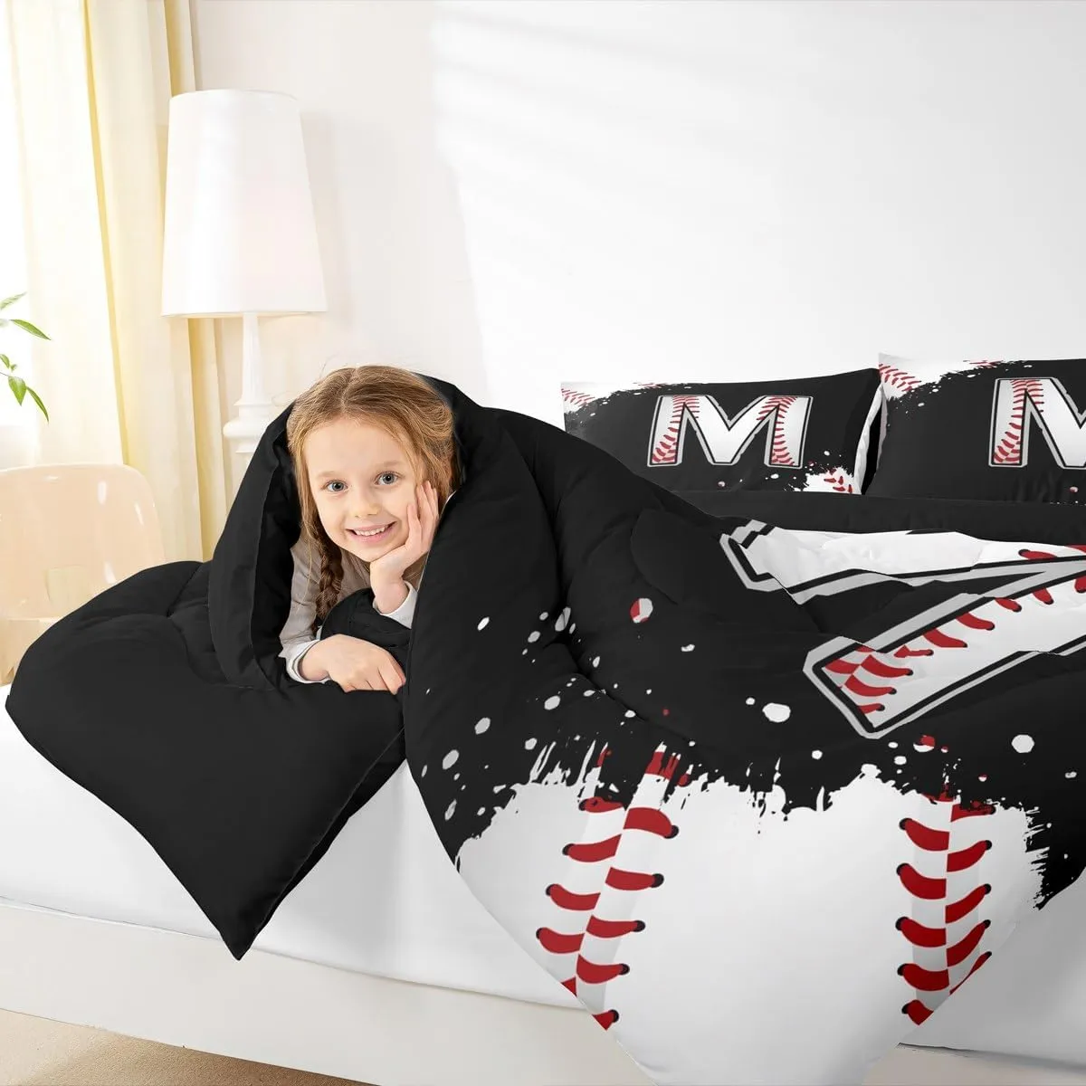 Castle Fairy Baseball Comforter Set with 2 Pillowcases,Initial Letter M Chic Fashion Super Soft Microfiber Bedding Set for Adults Teens,Ball Sports Games Competition Duvet Set for Room Decor,King