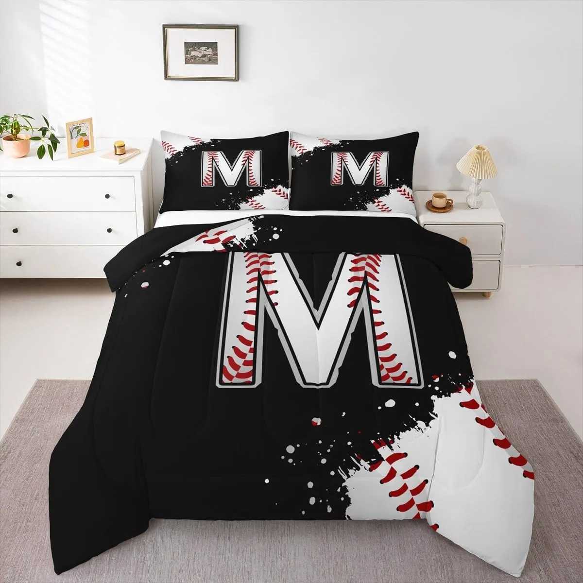 Castle Fairy Baseball Comforter Set with 2 Pillowcases,Initial Letter M Chic Fashion Super Soft Microfiber Bedding Set for Adults Teens,Ball Sports Games Competition Duvet Set for Room Decor,King