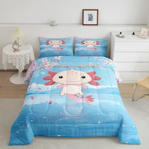 Castle Fairy Cartoon Axolotl Comforter Set Toddler Size 2 Pcs,Pink Cherry Blossom Bedding Set,Ocean Theme Quilt Set for Child Bedroom,Duvet Insert,1 Pillowcase