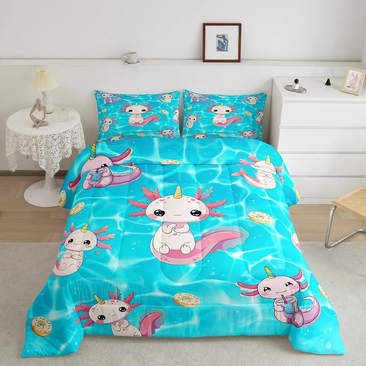Castle Fairy Pink Cute Axolotl Comforter Set Toddler Size,Cute Wildlife Animal Bedding Set,Kids Teens Adult Room Decor,Doughnut Pattern Down Comforter,2 Pcs 1 Pillowcase