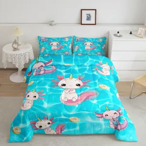 Castle Fairy Pink Cute Axolotl Comforter Set Toddler Size,Cute Wildlife Animal Bedding Set,Kids Teens Adult Room Decor,Doughnut Pattern Down Comforter,2 Pcs 1 Pillowcase