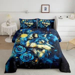 Castle Fairy Tie Dye Wolf Bedding Set,Retro Watercolor Rose Romantic Floral Comforter Set for Kids Teens Adults,Blue Yellow Graffiti Wild Animal Comforter Duvet Set with 1 Pillowcase Twin Size 2 Pcs
