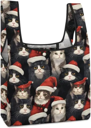 Cats in Santa Hats Novelty Reusable Grocery Bag Fold-able Shopping Bags Washable Tote Lightweight Storage Pouch with Handle