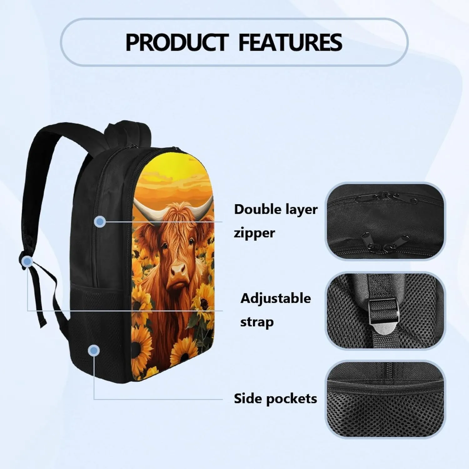 Cattle Kids Backpack Sunflower School Bag for Girls Boys Large Capacity Book Bag with Shoulder Strap Children Daypack for School Students Travelling Daypack Rucksack