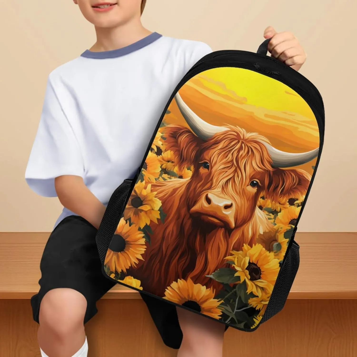 Cattle Kids Backpack Sunflower School Bag for Girls Boys Large Capacity Book Bag with Shoulder Strap Children Daypack for School Students Travelling Daypack Rucksack