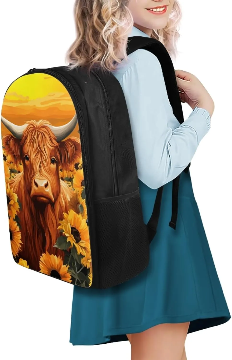 Cattle Kids Backpack Sunflower School Bag for Girls Boys Large Capacity Book Bag with Shoulder Strap Children Daypack for School Students Travelling Daypack Rucksack