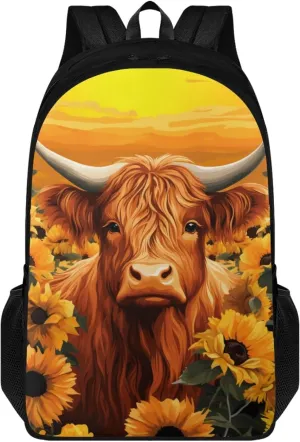 Cattle Kids Backpack Sunflower School Bag for Girls Boys Large Capacity Book Bag with Shoulder Strap Children Daypack for School Students Travelling Daypack Rucksack