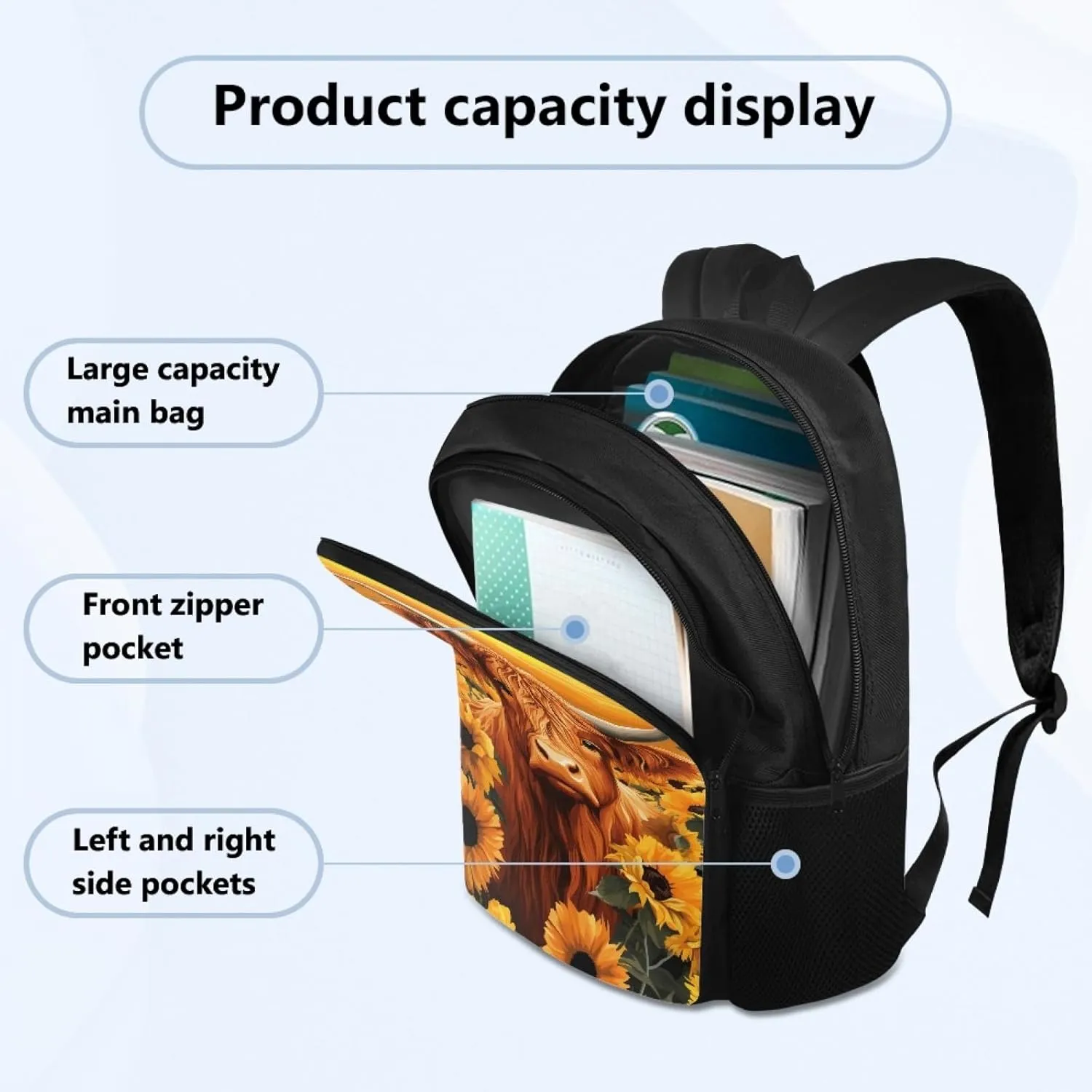 Cattle Kids Backpack Sunflower School Bag for Girls Boys Large Capacity Book Bag with Shoulder Strap Children Daypack for School Students Travelling Daypack Rucksack