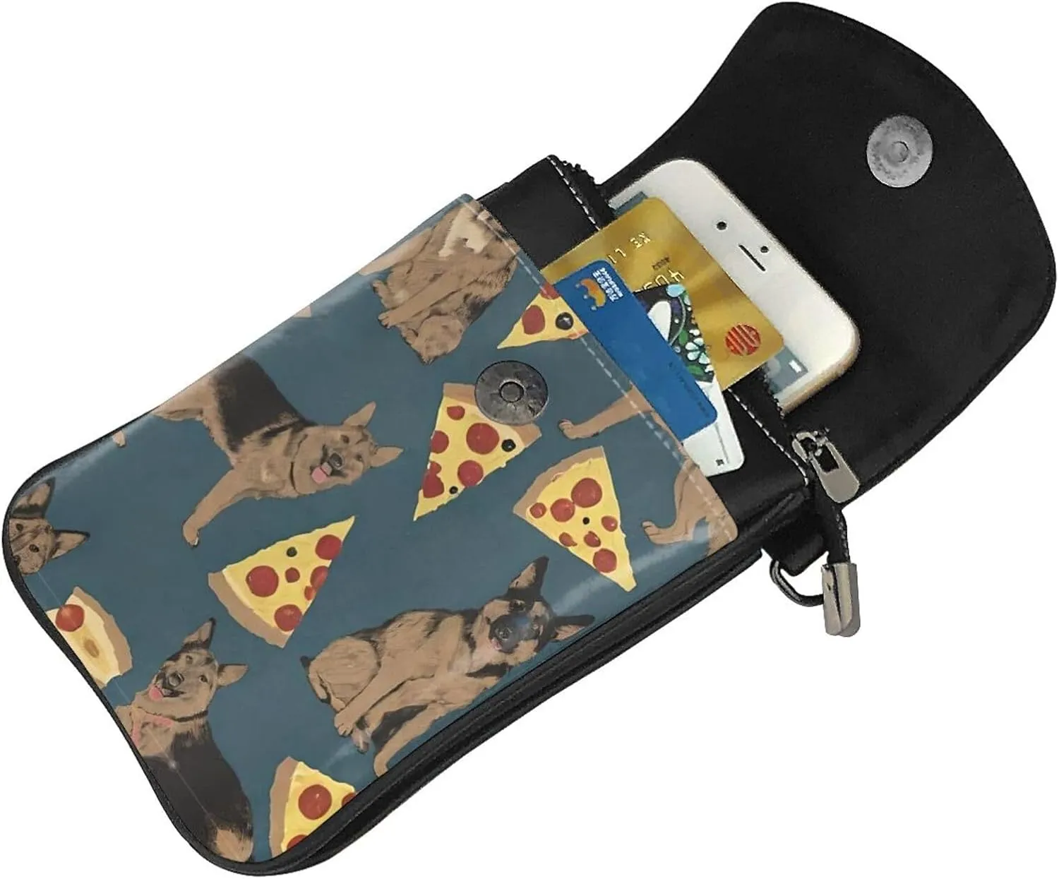 Cell Phone Riding Multifunctional German Shepherd Dog Pizza Art Carry Case Pouch - for 6 Inch Cell Phones with Removable Shoulder Strap, Security Pack Wristlet Cross Body Bag