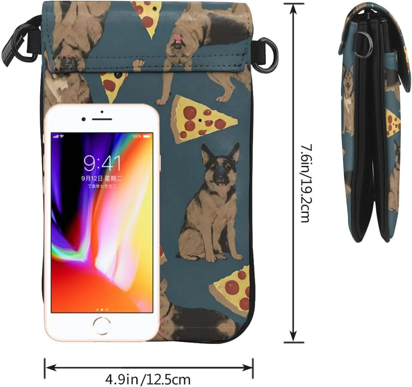 Cell Phone Riding Multifunctional German Shepherd Dog Pizza Art Carry Case Pouch - for 6 Inch Cell Phones with Removable Shoulder Strap, Security Pack Wristlet Cross Body Bag
