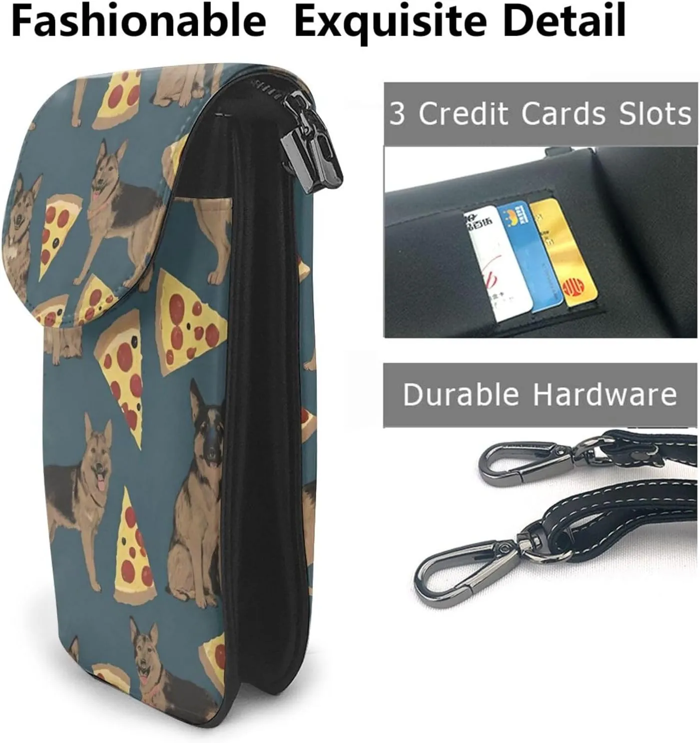 Cell Phone Riding Multifunctional German Shepherd Dog Pizza Art Carry Case Pouch - for 6 Inch Cell Phones with Removable Shoulder Strap, Security Pack Wristlet Cross Body Bag