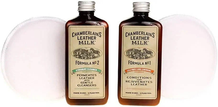 Chamberlain's Leather Milk Conditioner and Cleaner Kit - No. 1 - 2 Conditioner   Cleaner Kit - All Natural, Non-Toxic Leather Care. 2 Sizes. Made in the USA. Includes 2 Premium Restoration Pads! 6 OZ