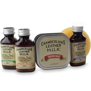 Chamberlain's Leather Milk Sample Bundle - No. 1, No. 2, No. 3 and Healing Balm. Natural and Effective Quality Leather Cleaner, Conditioner, Protectants, Applicator Pad