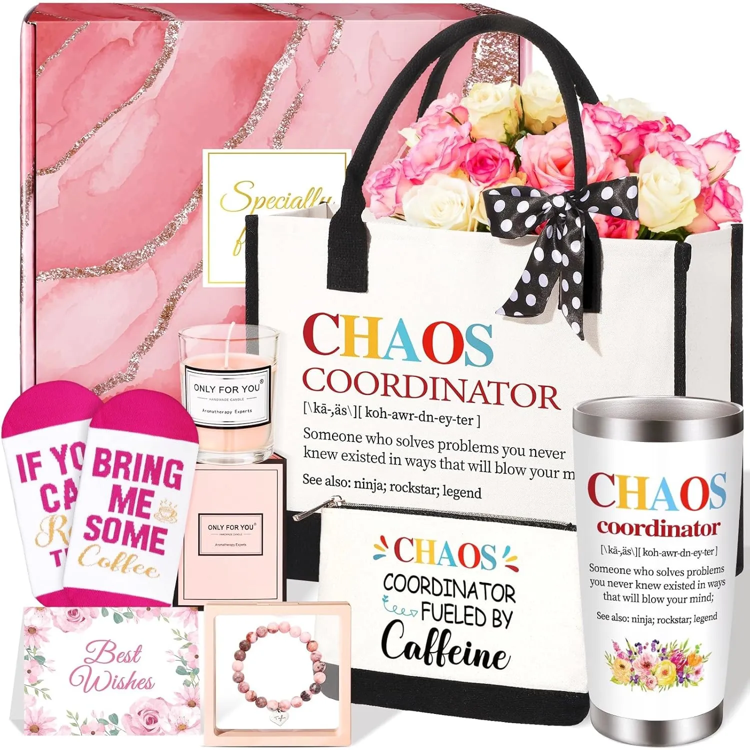 Chaos Coordinator Gifts for Women Coworkers Thank You Gifts for Women Coworker Boss Lady Manager Teacher Nurse Appreciation Gift Basket Set Mothers Day Gift with Canvas Tote Bag
