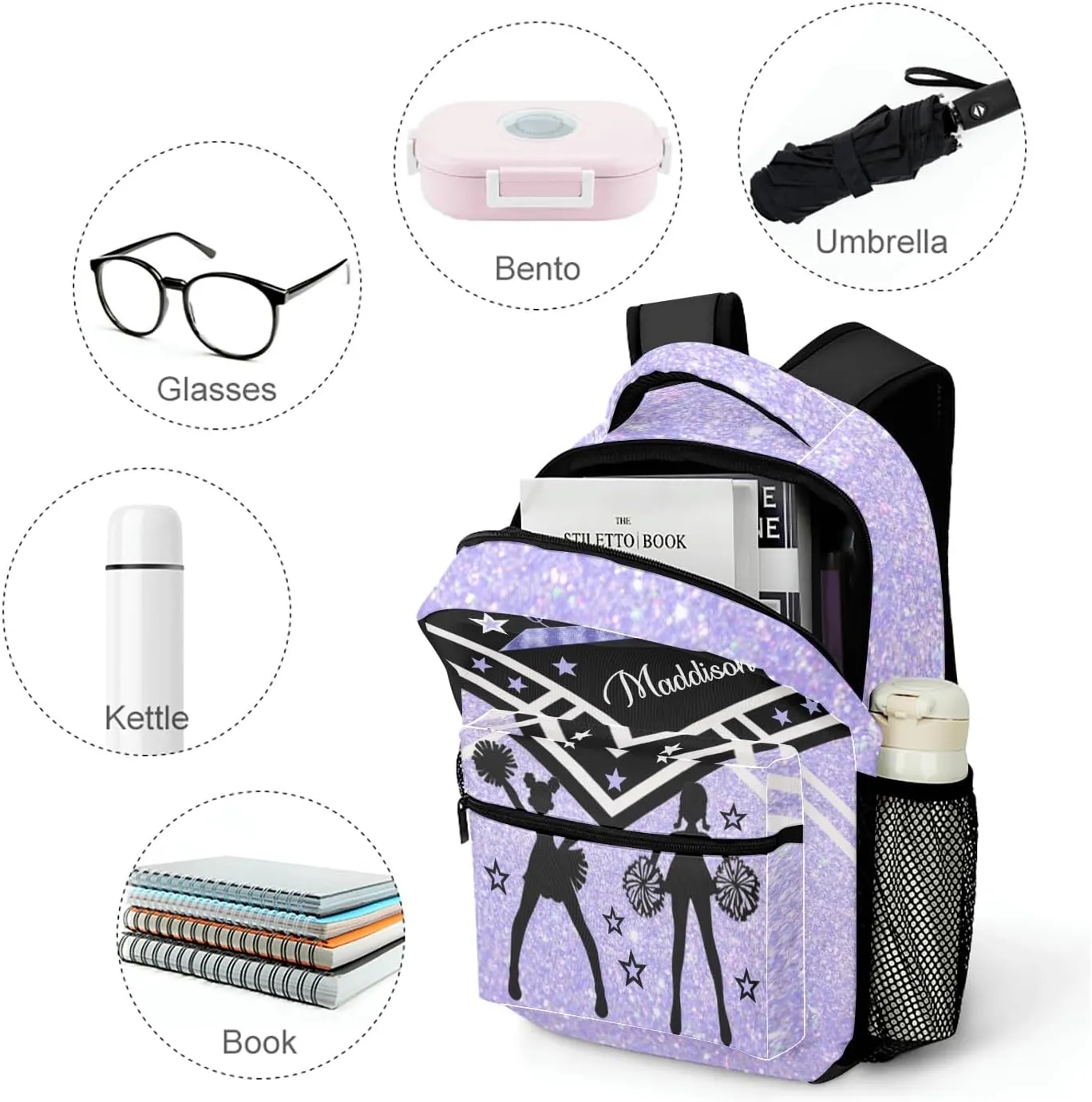 Cheerleader Lavender Cheer Personalized School Backpack for Kid-Boy/Girl Primary Daypack Travel Bookbag, Option 10, K10255
