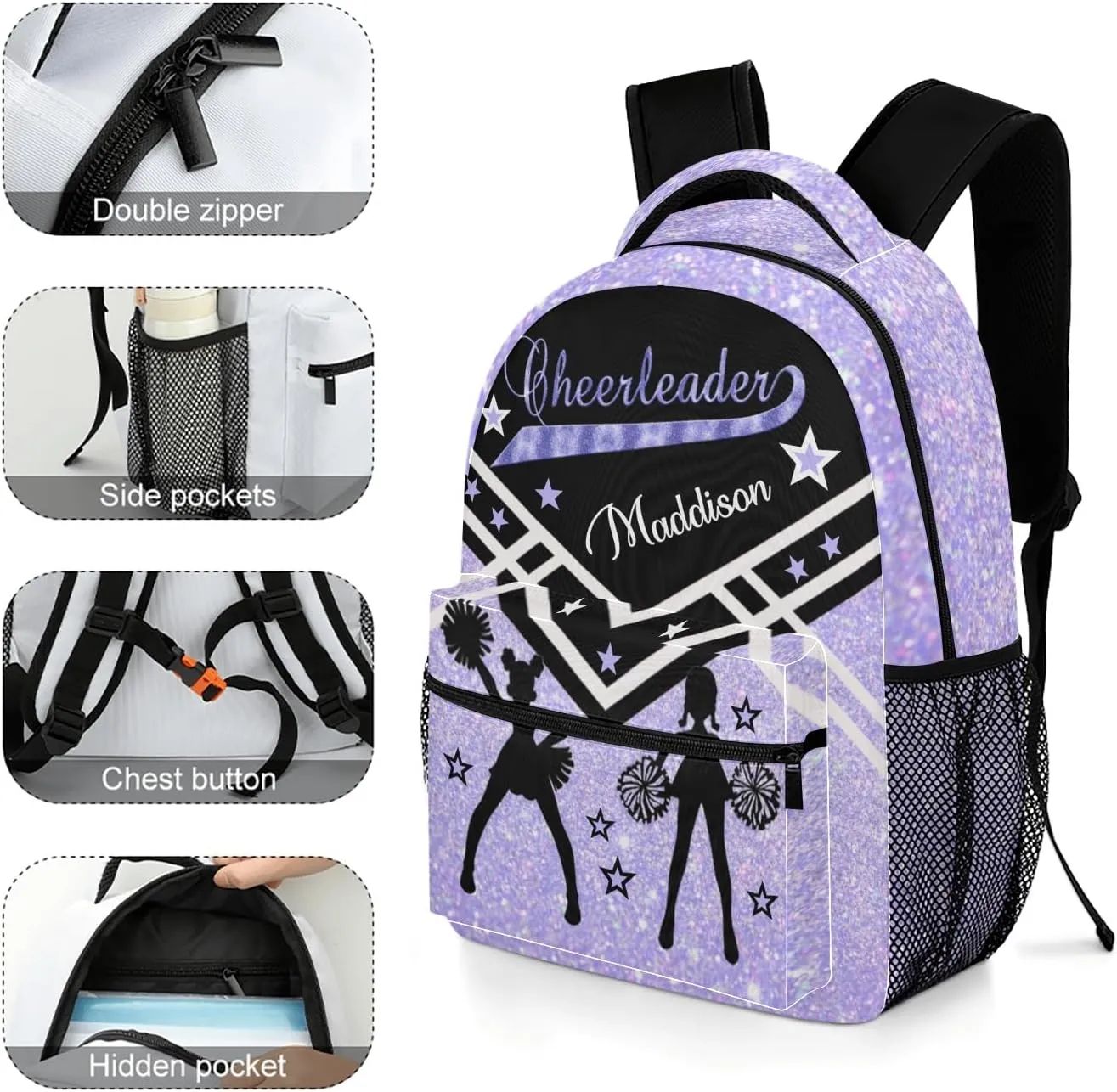 Cheerleader Lavender Cheer Personalized School Backpack for Kid-Boy/Girl Primary Daypack Travel Bookbag, Option 10, K10255