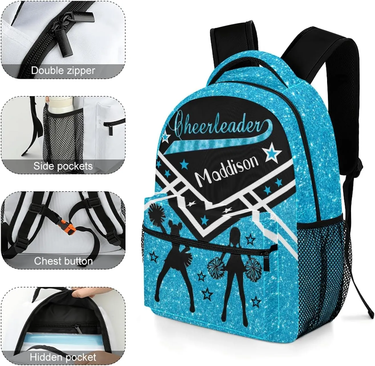 Cheerleader Sky Blue Cheer Personalized School Backpack for Kid-Boy/Girl Primary Daypack Travel Bookbag