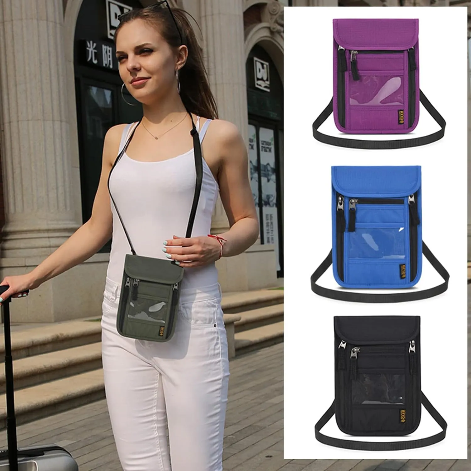 CLAPE Waterproof RFID Blocking Travel Neck Wallet ID Card Organizer Pouch Passport Bag Adjustable Neck Lanyard Unisex Tear-Resistant Cell Phone Purse