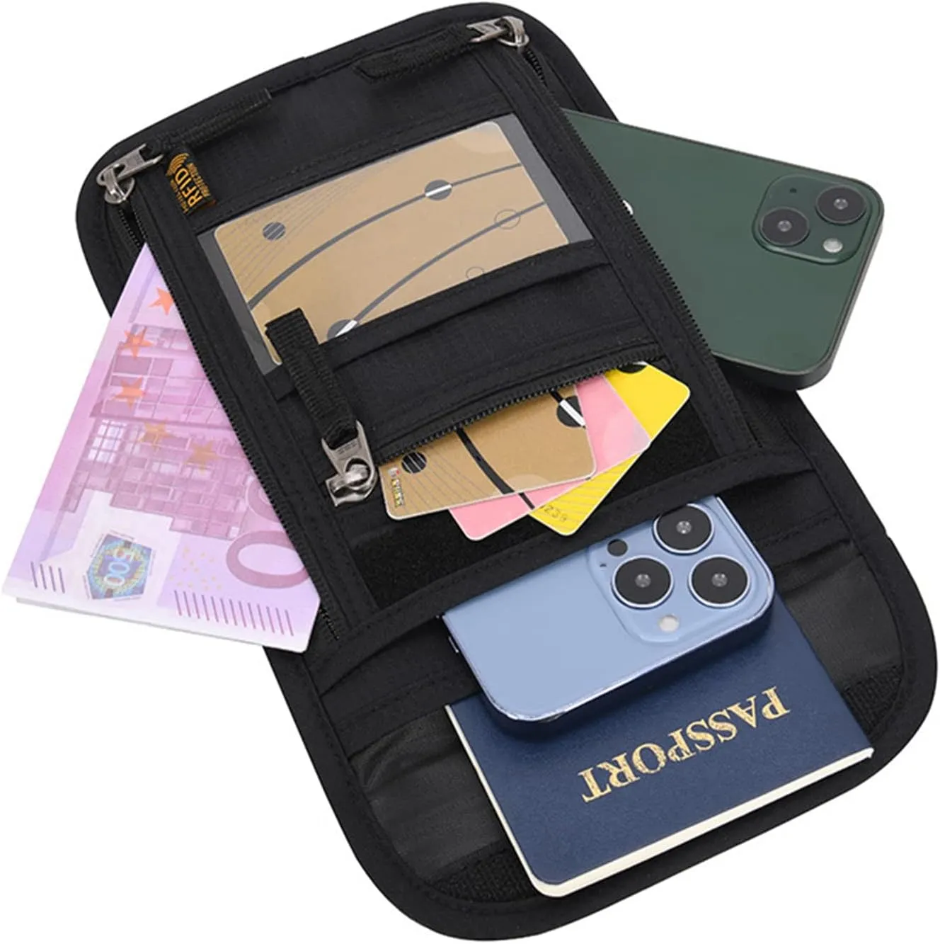 CLAPE Waterproof RFID Blocking Travel Neck Wallet ID Card Organizer Pouch Passport Bag Adjustable Neck Lanyard Unisex Tear-Resistant Cell Phone Purse