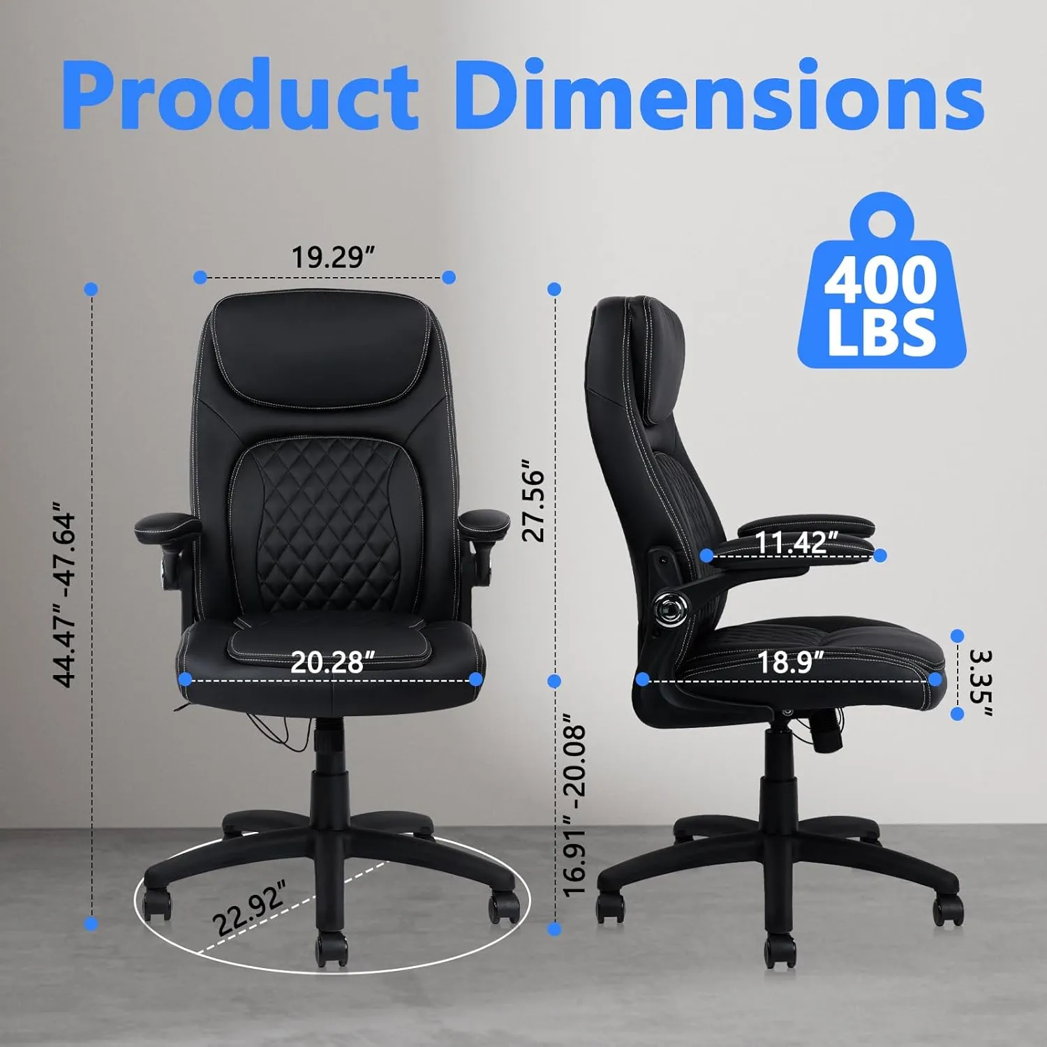 CLATINA Ergonomic Office Chair with 3D Arms& 400 LBS, Black Leather Executive Desk Chairs, Adjustable Height Swivel Rocking Rolling Computer Task Chair for Home Working