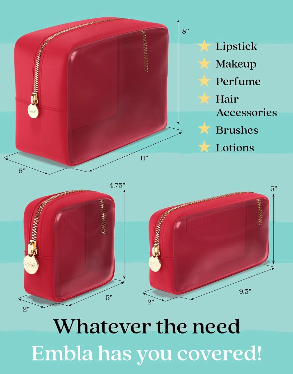 Clear Cosmetic Bags Set of 3, Mini Small Large Makeup Bags For Women Clear Pouch Cosmetics Cases Zipper Cute Pouches Make Up Travel Toiletry Essentials Preppy Purse Organizer Makeup Cases, Ruby