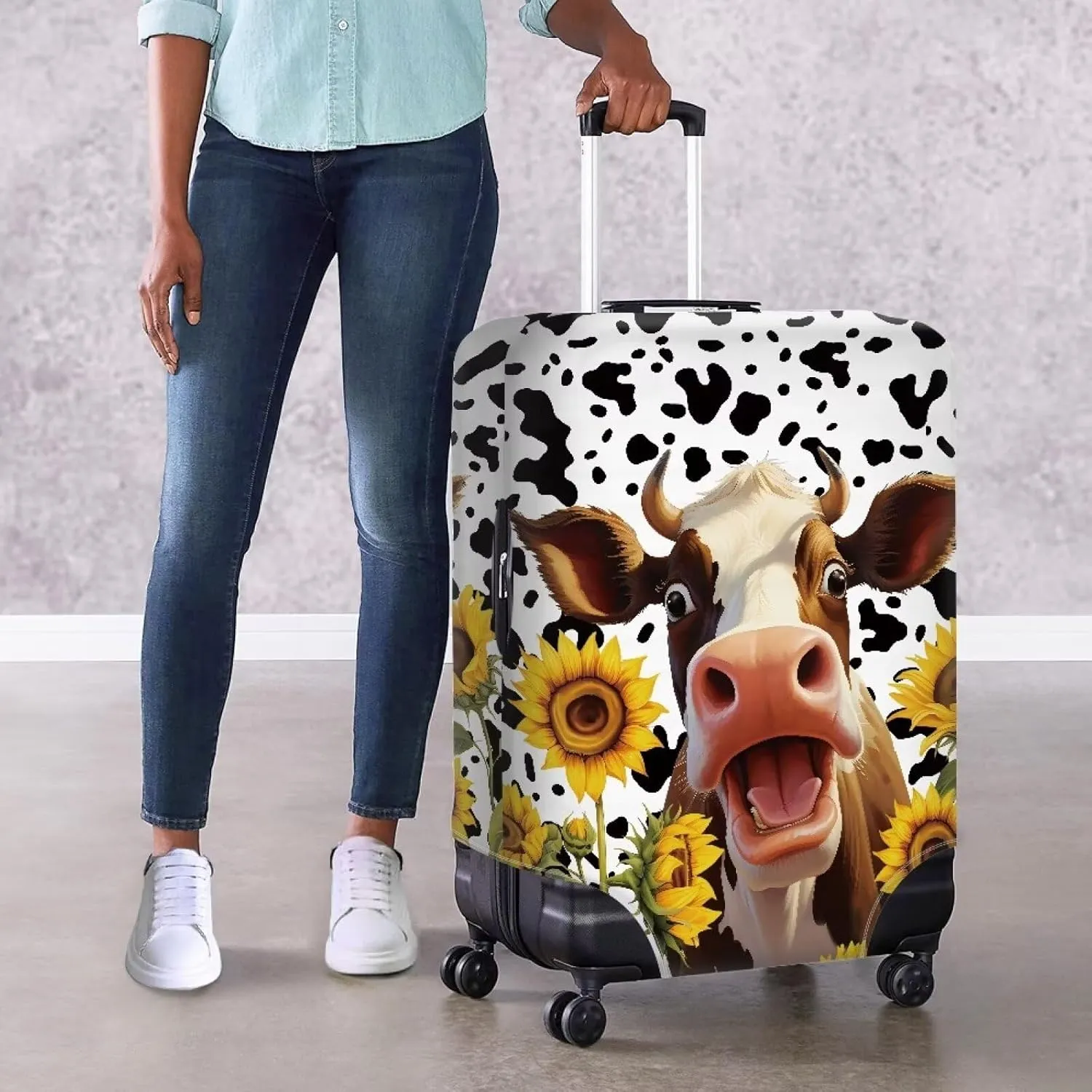 Coloranimal Black and White Cow Luggage Covers with Cow Sunflower Travel Luggage Covers Fits 18/24/28/32 Inch Luggage Suitcase Covers Elastic Washable Suitcase Protector Baggage Cover L