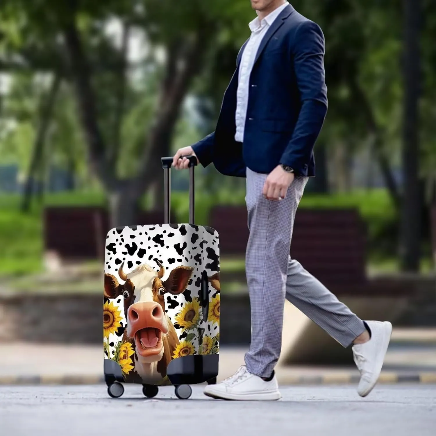 Coloranimal Black and White Cow Luggage Covers with Cow Sunflower Travel Luggage Covers Fits 18/24/28/32 Inch Luggage Suitcase Covers Elastic Washable Suitcase Protector Baggage Cover L