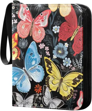 Colorful Butterfly Card Binder 4 Pocket Trading Card Album Fits 400 Sports/Game Cards, PU Cover 3 Ring Card Collection with 50 Removable Sleeves