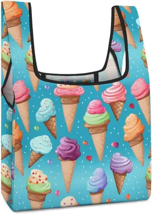 Colorful Ice Cream Novelty Reusable Grocery Bag Fold-able Shopping Bags Washable Tote Lightweight Storage Pouch with Handle