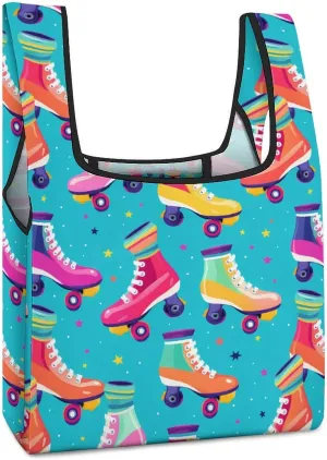 Colorful Roller Skates Novelty Reusable Grocery Bag Fold-able Shopping Bags Washable Tote Lightweight Storage Pouch with Handle