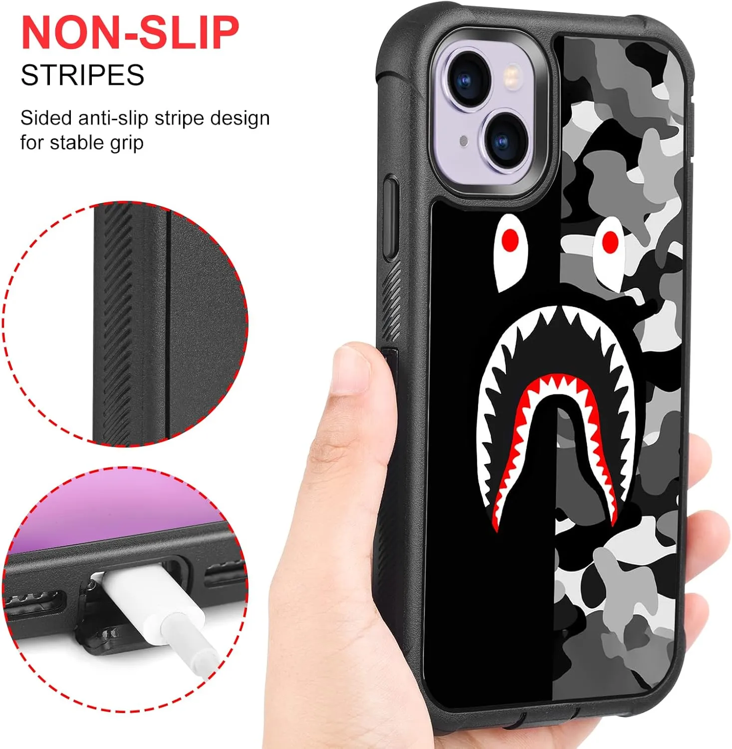 Compatible with iPhone 15 Case Cool Camo Black White Shark Street Fashion Design for Boys Kids, 3-Layer Rugged Shockproof Hard Plastic Bumper Silicone Rubber Heavy Duty Protection Cover