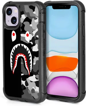 Compatible with iPhone 15 Case Cool Camo Black White Shark Street Fashion Design for Boys Kids, 3-Layer Rugged Shockproof Hard Plastic Bumper Silicone Rubber Heavy Duty Protection Cover